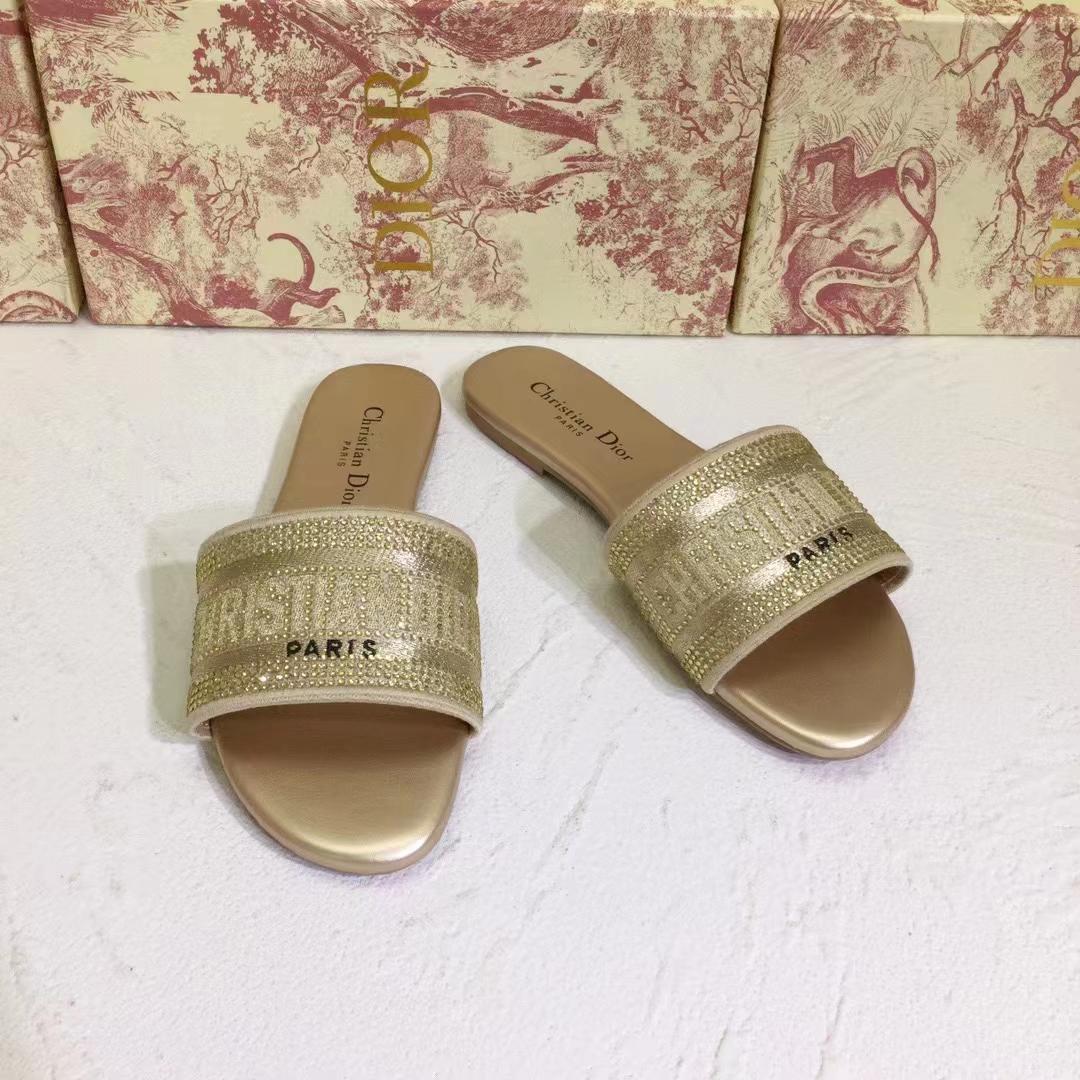 Dior Women CD Shoes Dway Slide Gold Tone Cotton Embroidered Metallic Thread Strass