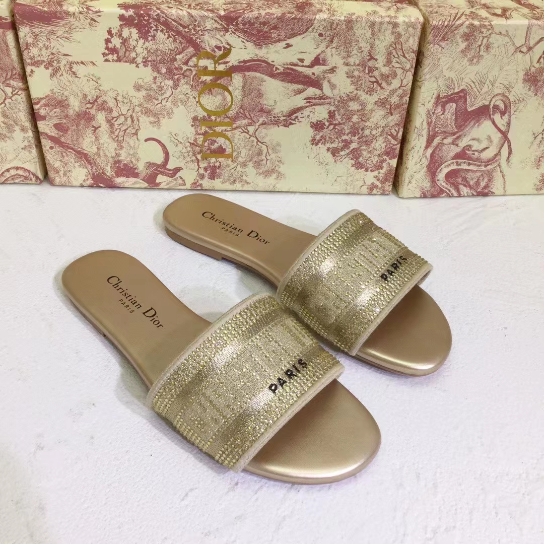 Dior Women CD Shoes Dway Slide Gold Tone Cotton Embroidered Metallic Thread Strass