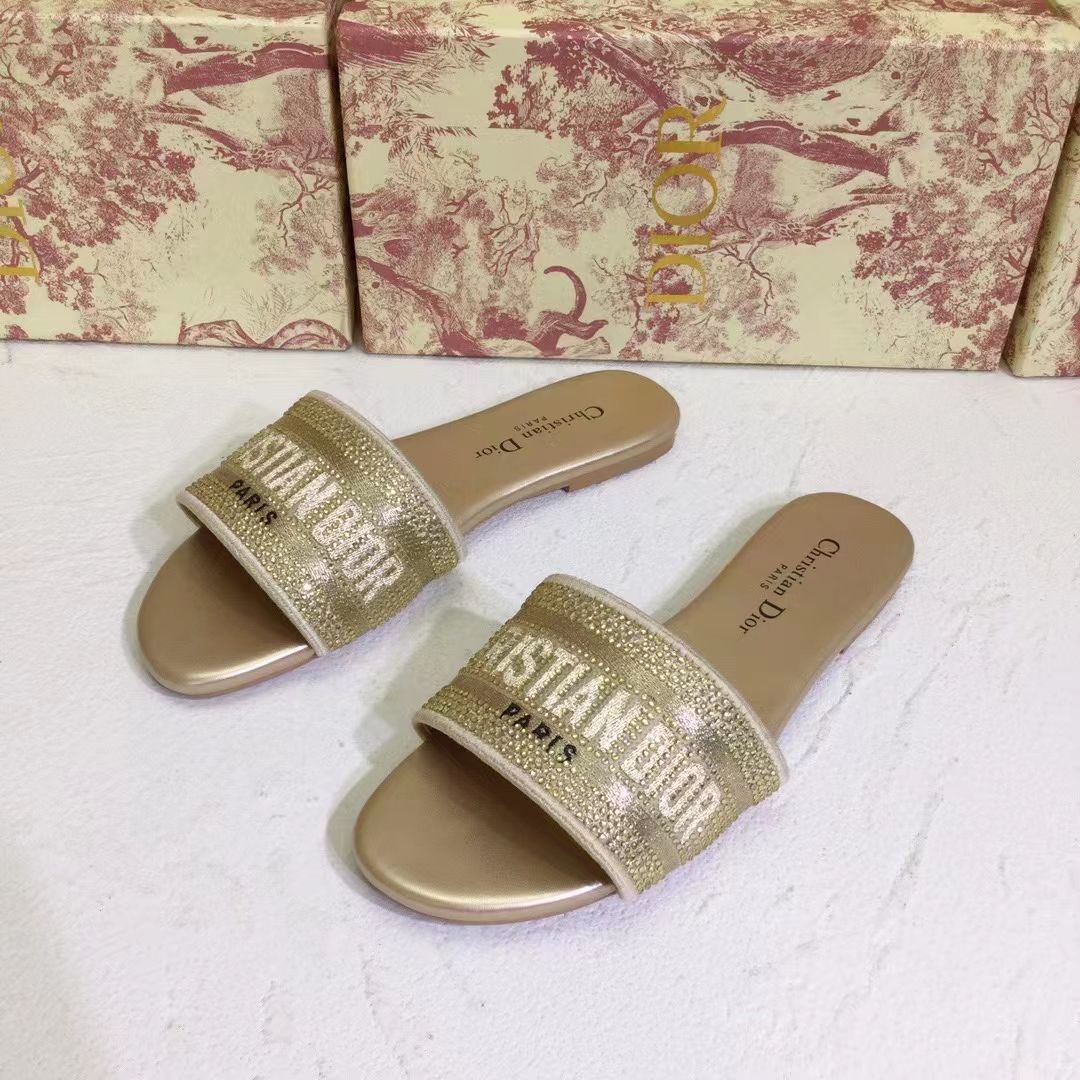Dior Women CD Shoes Dway Slide Gold Tone Cotton Embroidered Metallic Thread Strass