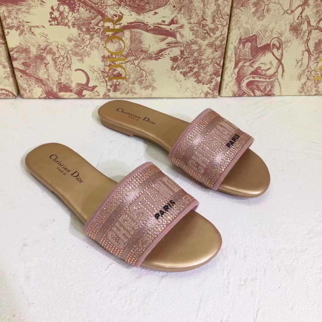 Dior Women CD Shoes Dway Slide Rose Des Vents Cotton Embroidered Metallic Thread Strass
