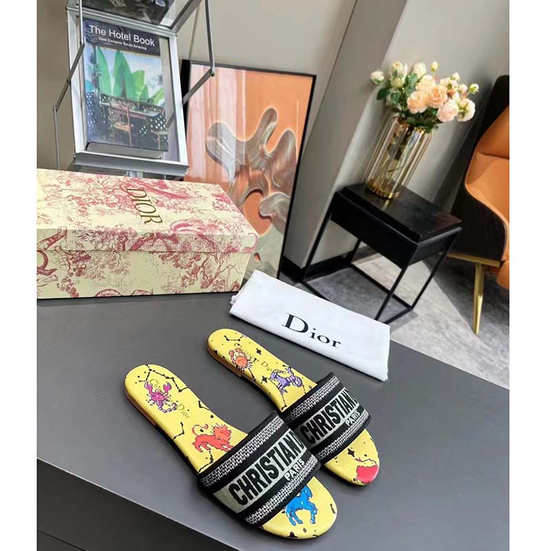 Dior Women CD Shoes Dway Slide Yellow Multicolor Embroidered Cotton Pixel Zodiac Motif