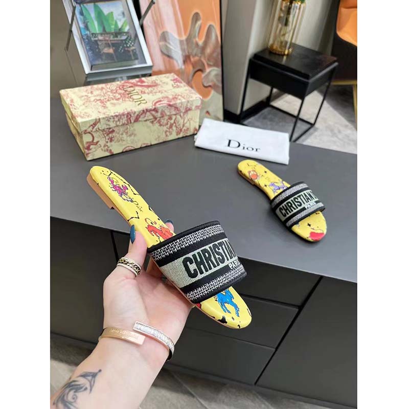 Dior Women CD Shoes Dway Slide Yellow Multicolor Embroidered Cotton Pixel Zodiac Motif