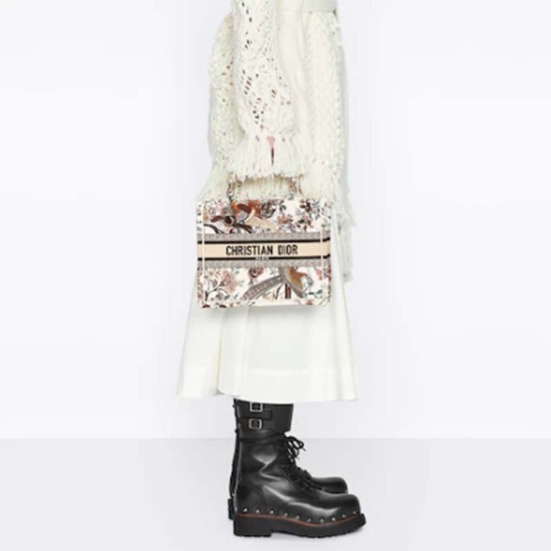 Dior Women CD Small Book Tote Latte Multicolor Dior Jardin D’Hiver Embroidery
