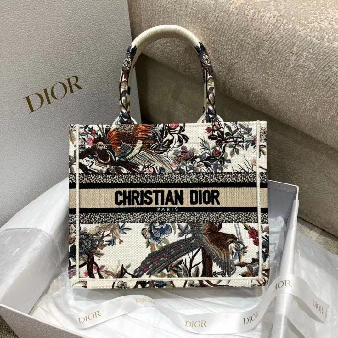 Dior Women CD Small Book Tote Latte Multicolor Dior Jardin D’Hiver Embroidery