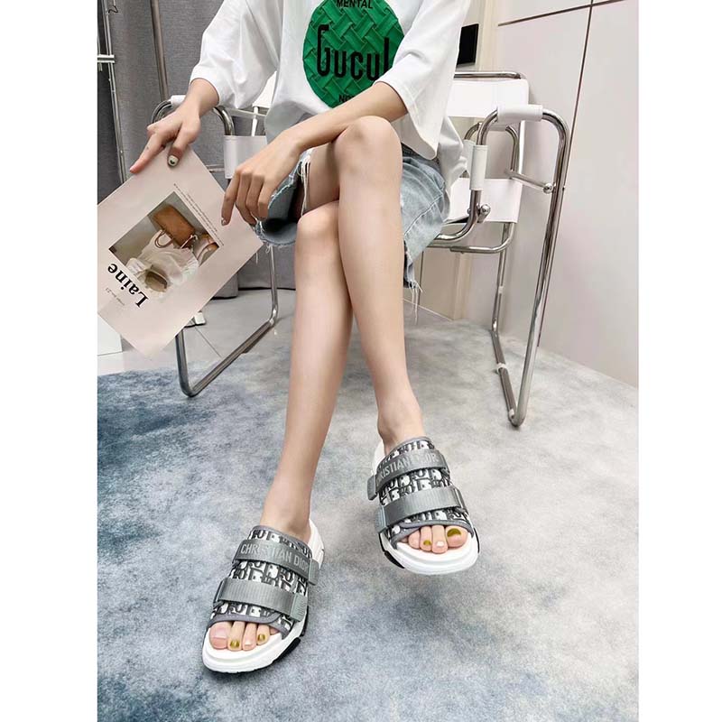 Dior Women Shoes CD D-Wander Slide Gray Technical Fabric Dior Oblique Fabric
