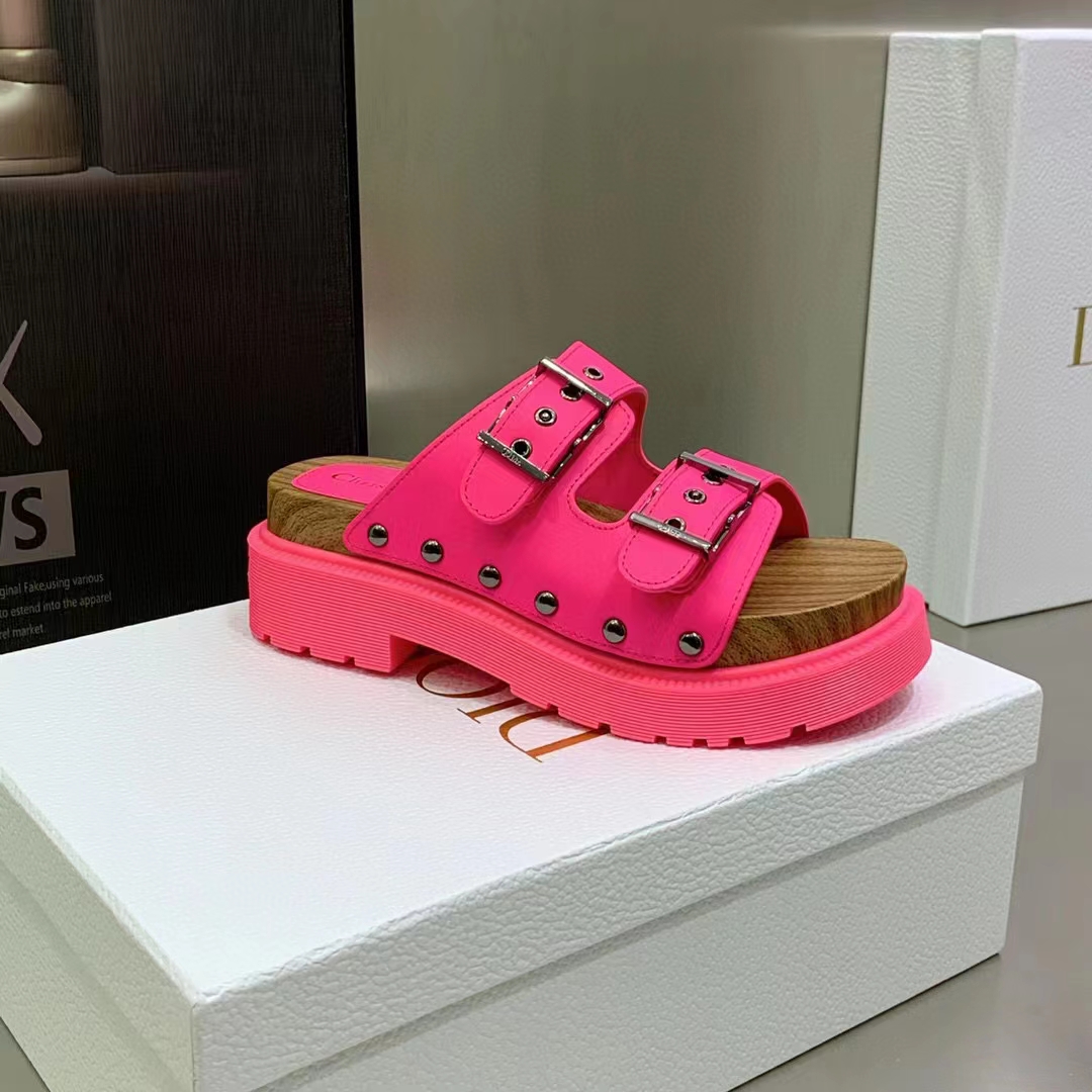 Dior Women Shoes CD Diorquake Strap Sandal Bright Pink Calfskin Wooden Insole