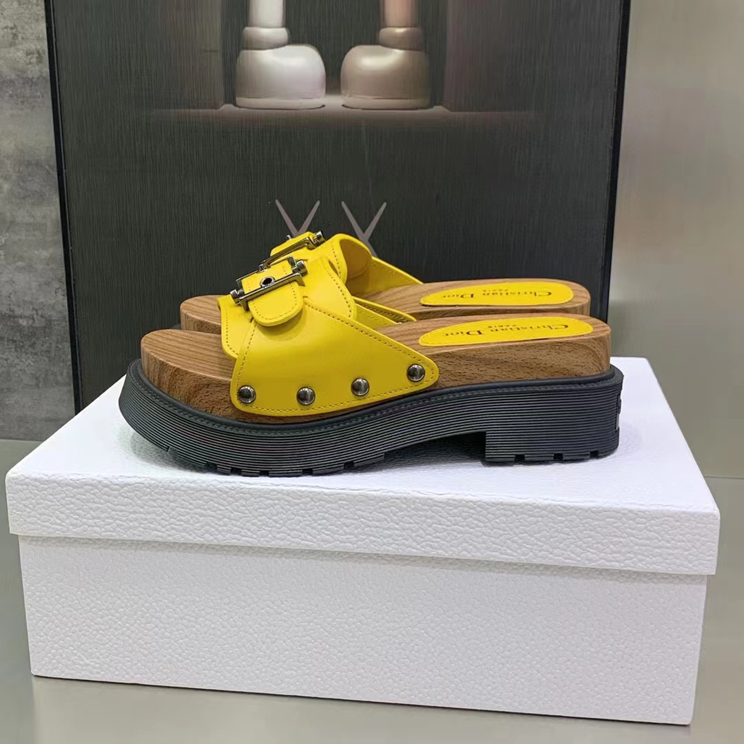 Dior Women Shoes CD Diorquake Strap Sandal Yellow Calfskin Wooden Insole