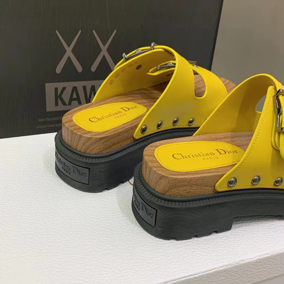 Dior Women Shoes CD Diorquake Strap Sandal Yellow Calfskin Wooden Insole