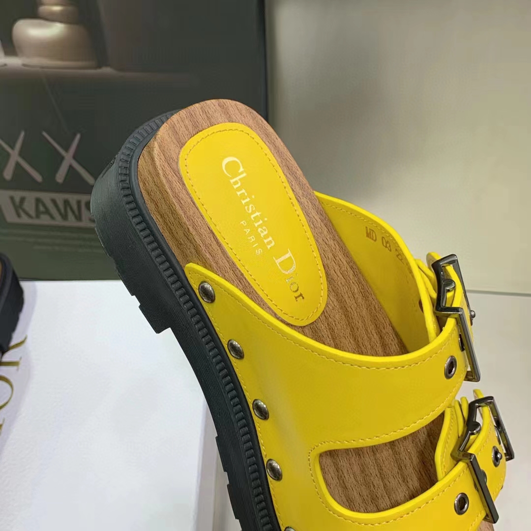 Dior Women Shoes CD Diorquake Strap Sandal Yellow Calfskin Wooden Insole