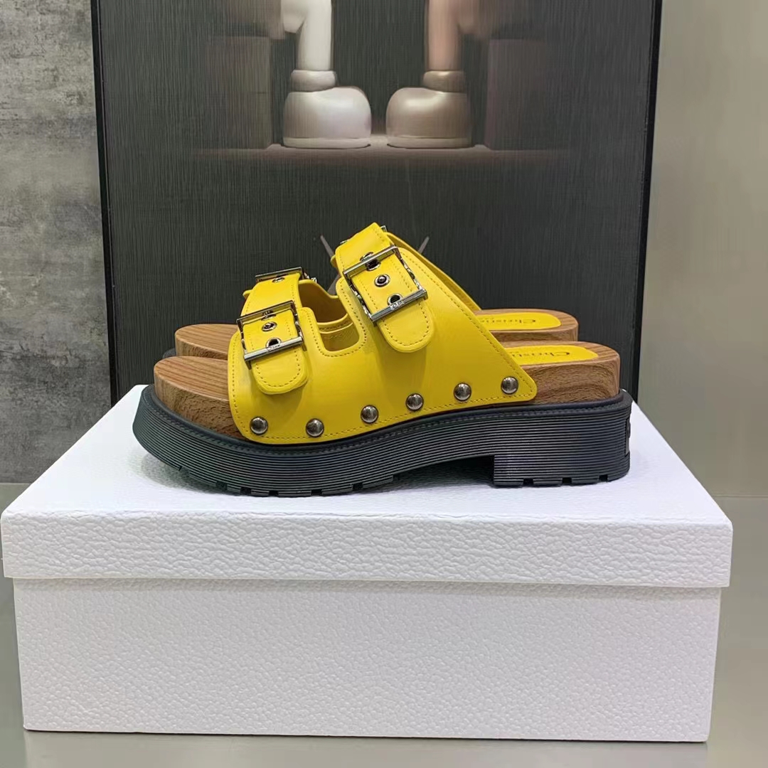 Dior Women Shoes CD Diorquake Strap Sandal Yellow Calfskin Wooden Insole