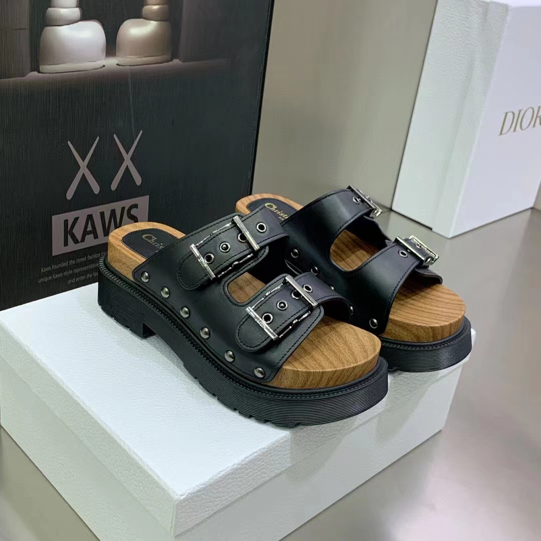 Dior Women Shoes CD Diorquake Strap Slide Black Calfskin Wooden Insole