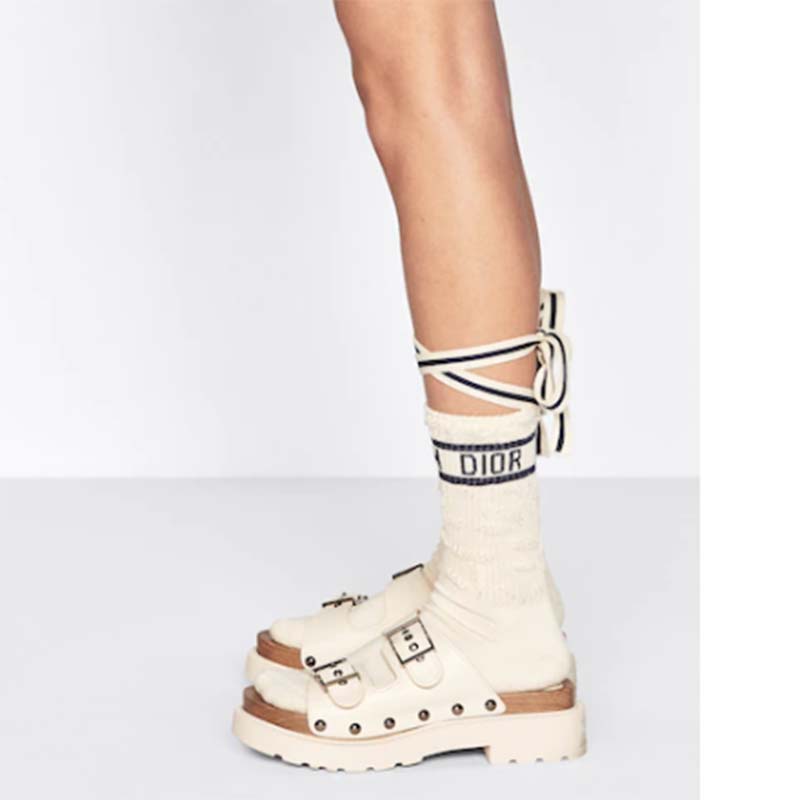 Dior Women Shoes CD Diorquake Strap Slide White Calfskin Wooden Insole