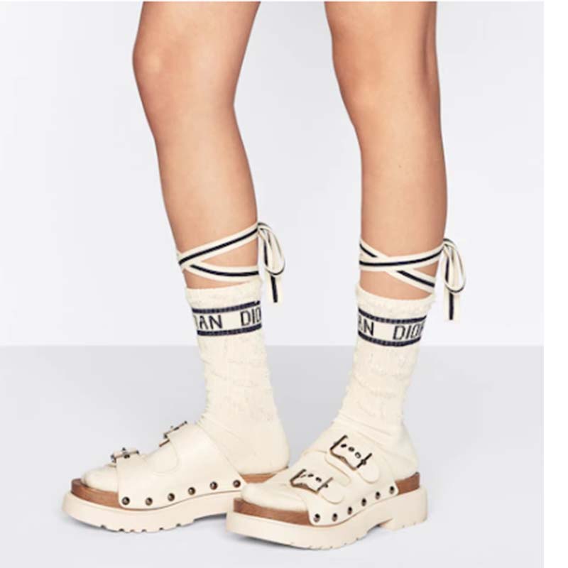 Dior Women Shoes CD Diorquake Strap Slide White Calfskin Wooden Insole