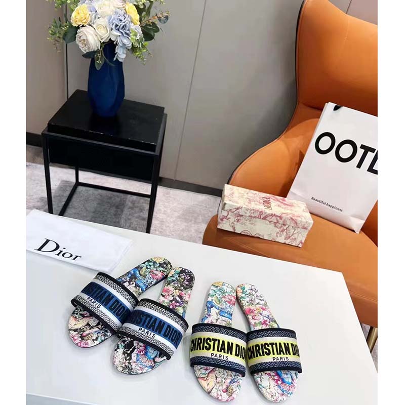 Dior Women Shoes CD Dway Slide White Multicolor D-Constellation Embroidered Cotton