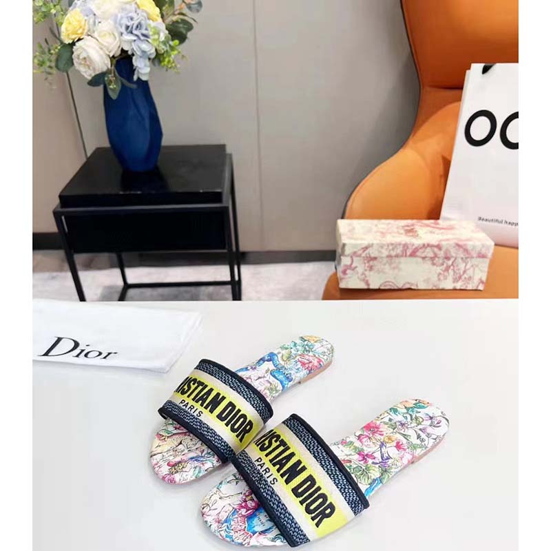 Dior Women Shoes CD Dway Slide White Multicolor D-Constellation Embroidered Cotton