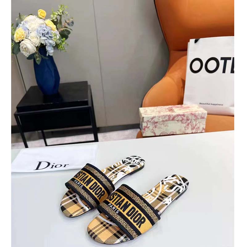 Dior Women Shoes CD Dway Slide Yellow Black Check’n’Dior Embroidered Cotton