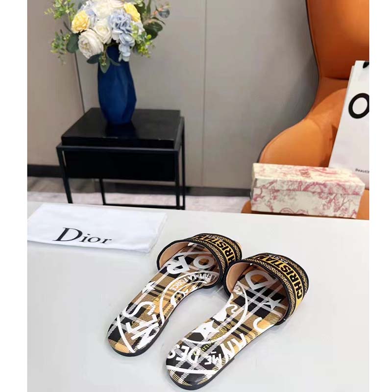 Dior Women Shoes CD Dway Slide Yellow Black Check’n’Dior Embroidered Cotton