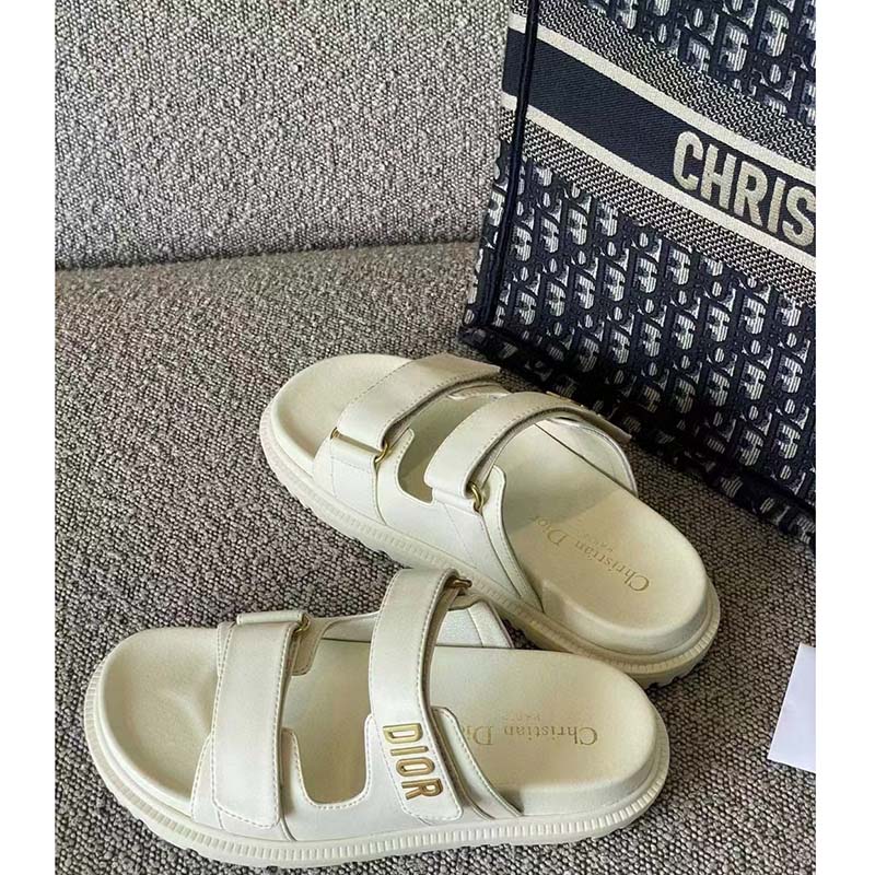 Dior Women Shoes DiorAct Sandal Beige Lambskin Gold-Finish Metal DIOR Signature