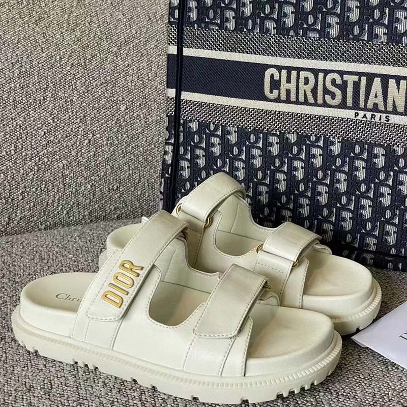 Dior Women Shoes DiorAct Sandal Beige Lambskin Gold-Finish Metal DIOR Signature