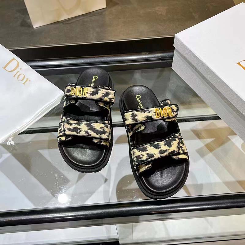 Dior Women Shoes DiorAct Slide Beige Multicolor Mizza Printed Technical Fabric