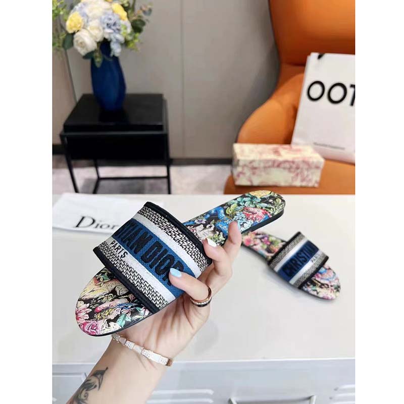 Dior Women Shoes CD Dway Slide Black Multicolor Embroidered Cotton D-Constellation Motif