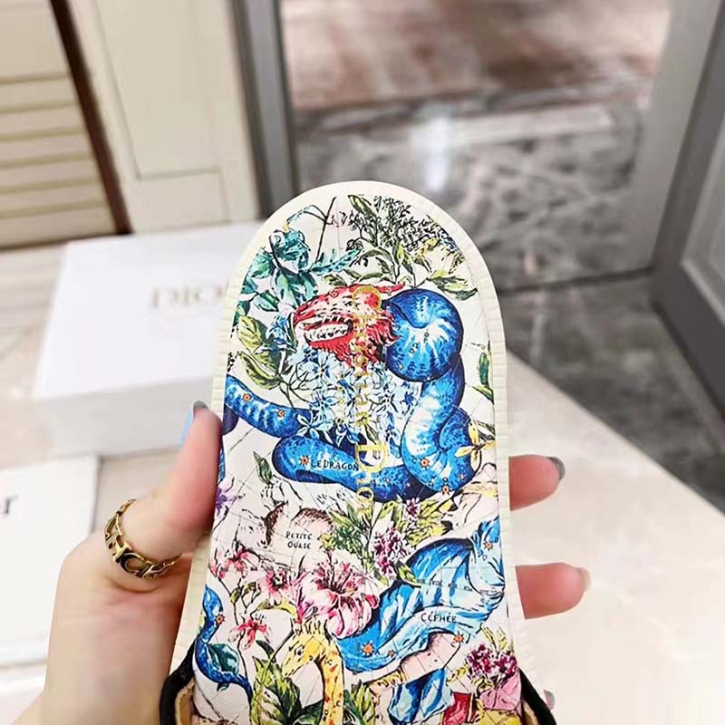Dior Women Shoes Dway Slide White Embroidered Cotton Multicolor D-Constellation Motif
