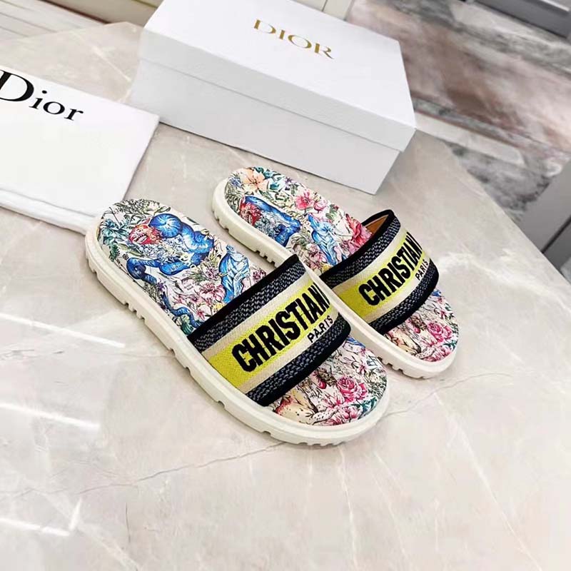 Dior Women Shoes Dway Slide White Embroidered Cotton Multicolor D-Constellation Motif