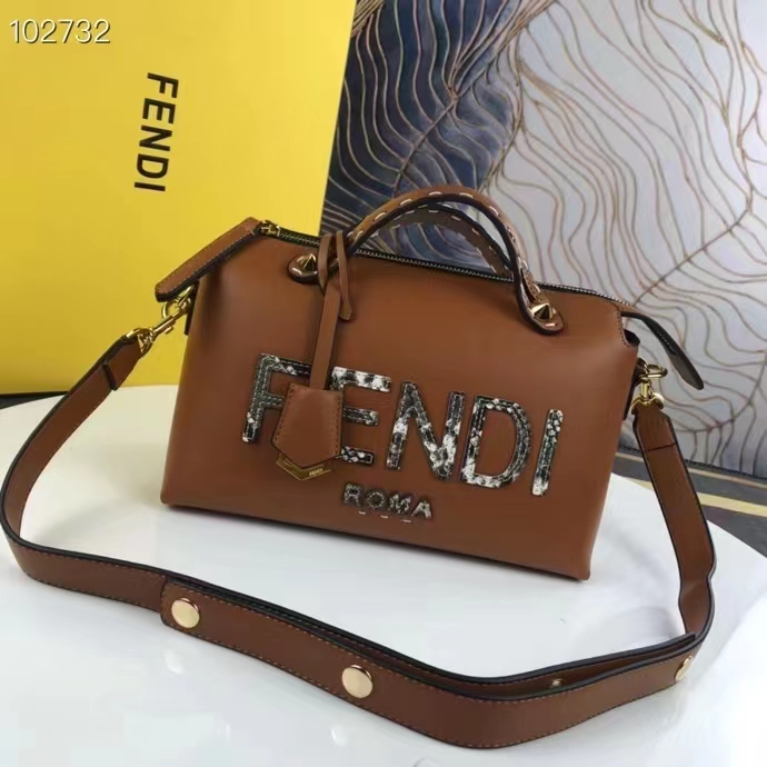 Fendi FF Women By The Way Medium Light Brown Leather Elaphe Boston Bag