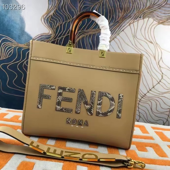 Fendi FF Women Sunshine Medium Beige Leather Elaphe Shopper