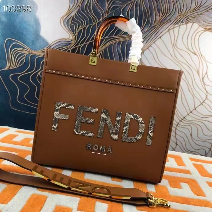 Fendi FF Women Sunshine Medium Light Brown Leather Elaphe Shopper Bag
