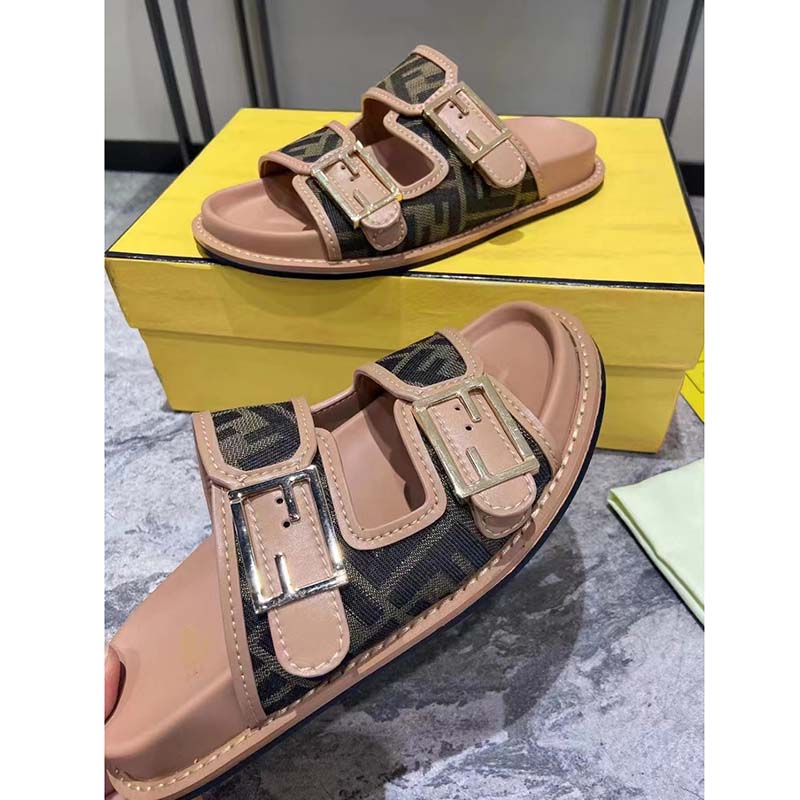 Fendi Women FF Fendi Feel Brown FF Fabric Slides 0.5 Cm Heel