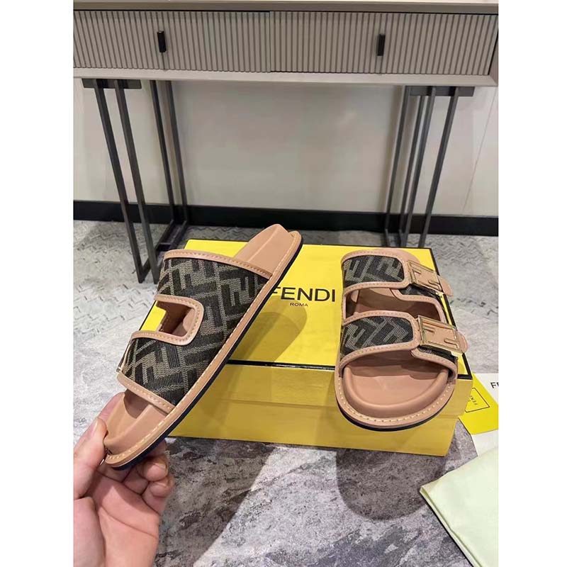 Fendi Women FF Fendi Feel Brown FF Fabric Slides 0.5 Cm Heel