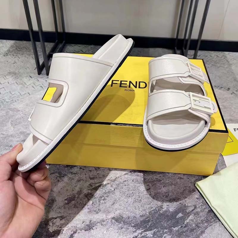 Fendi Women FF Fendi Feel White Leather Slides 0.5 Cm Heel