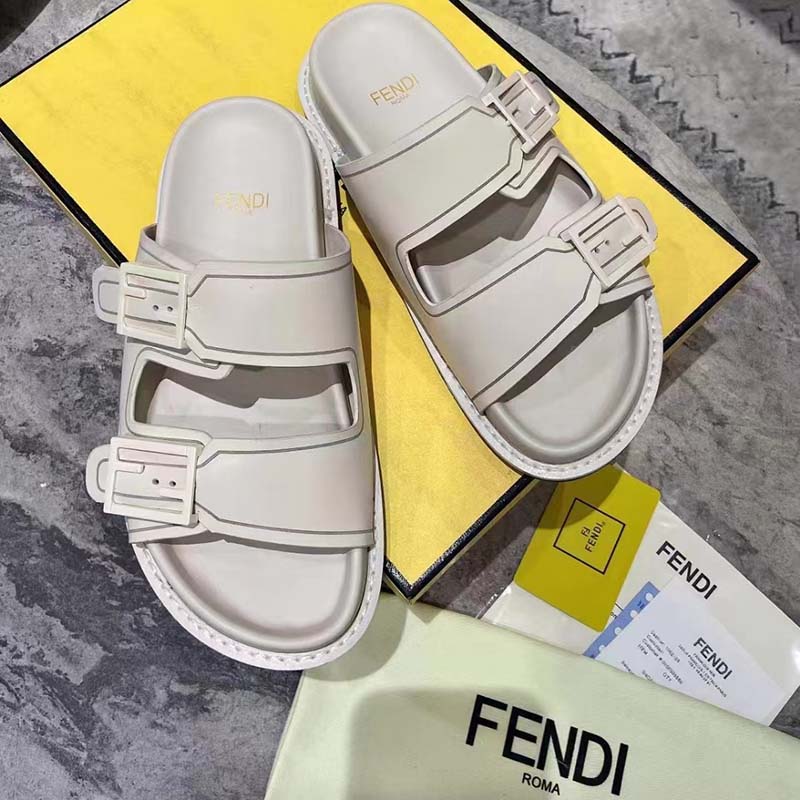 Fendi Women FF Fendi Feel White Leather Slides 0.5 Cm Heel