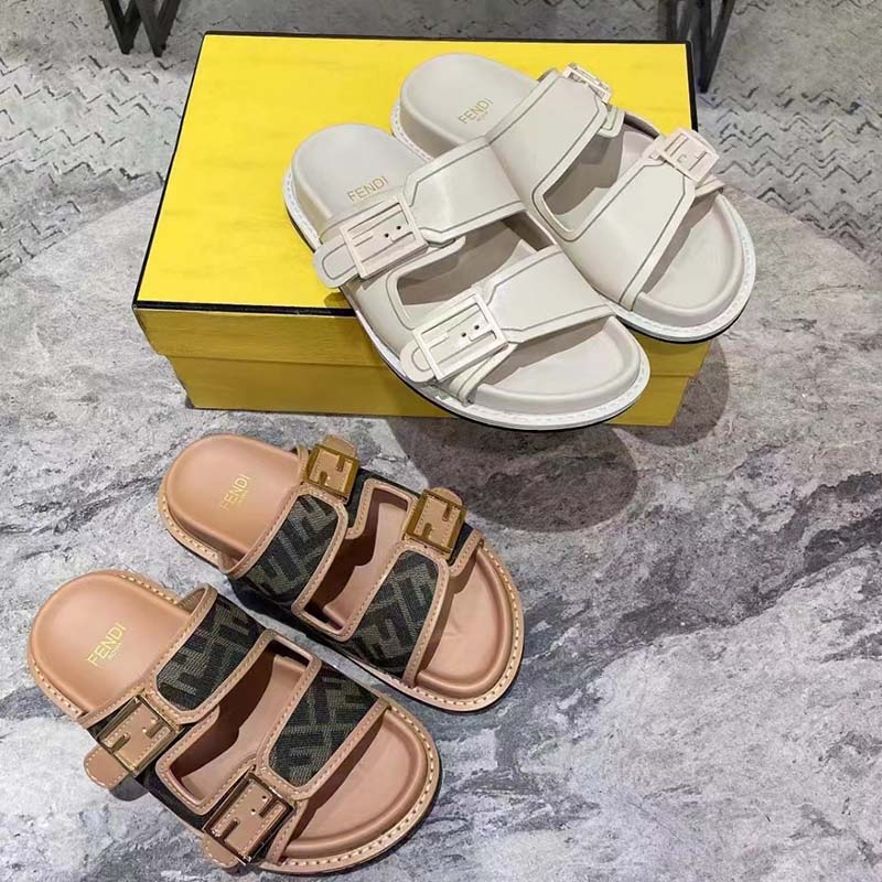 Fendi Women FF Fendi Feel White Leather Slides 0.5 Cm Heel