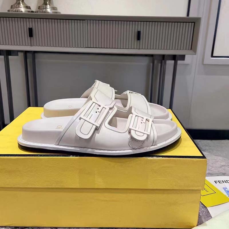 Fendi Women FF Fendi Feel White Leather Slides 0.5 Cm Heel