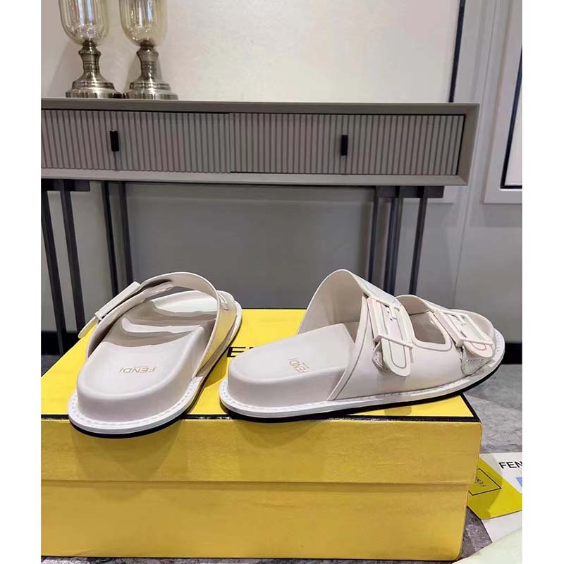 Fendi Women FF Fendi Feel White Leather Slides 0.5 Cm Heel