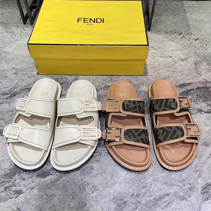 Fendi Women FF Fendi Feel White Leather Slides 0.5 Cm Heel