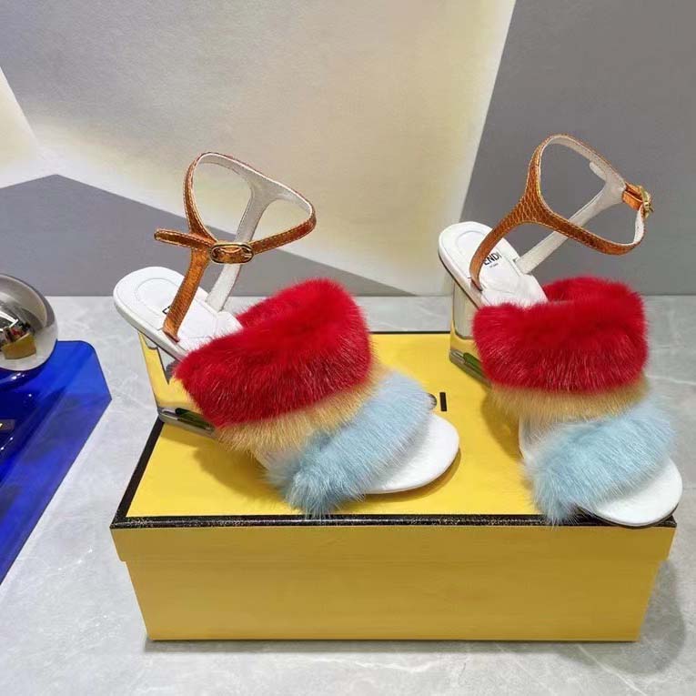 Fendi Women FF First Light Blue Mink High-Heeled Slingbacks 9.5 cm Heel