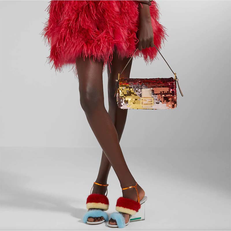 Fendi Women FF First Light Blue Mink High-Heeled Slingbacks 9.5 cm Heel