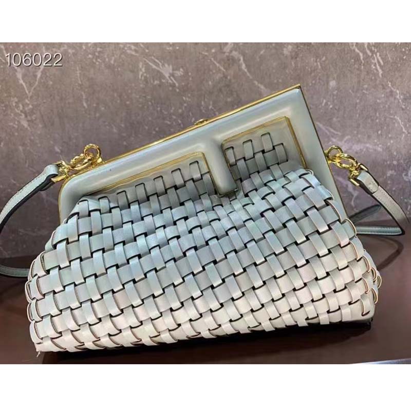 Fendi Women FF First Small Bag Mint Green Leather Interlace Bag