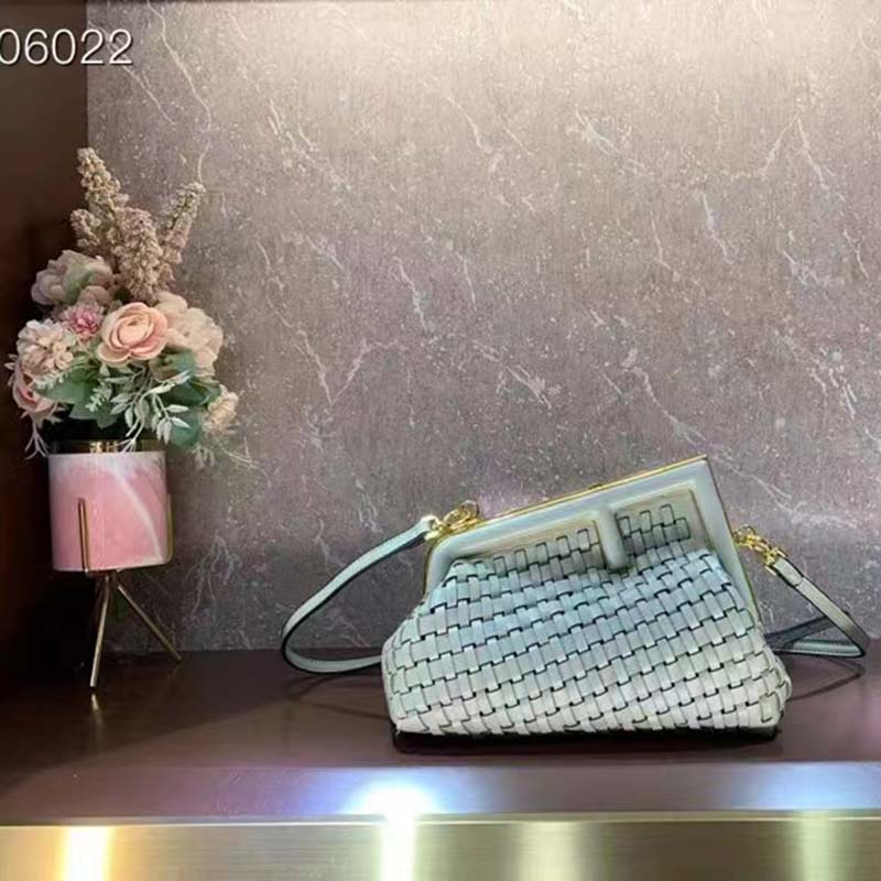 Fendi Women FF First Small Bag Mint Green Leather Interlace Bag