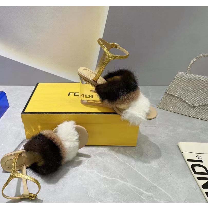 Fendi Women FF First White Mink High-Heeled Slingbacks 9.5 cm Heel