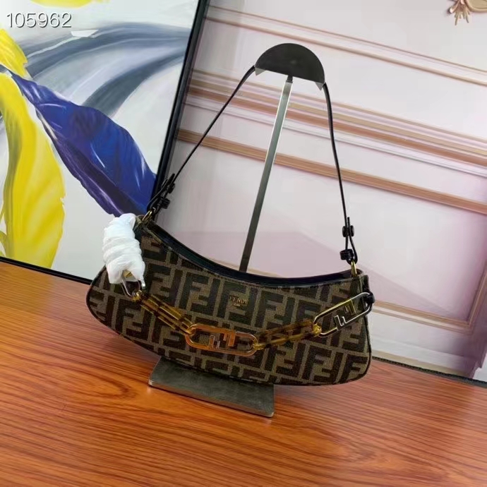 Fendi Women FF O’Lock Swing Dove Gray Tapestry Fabric Pouch