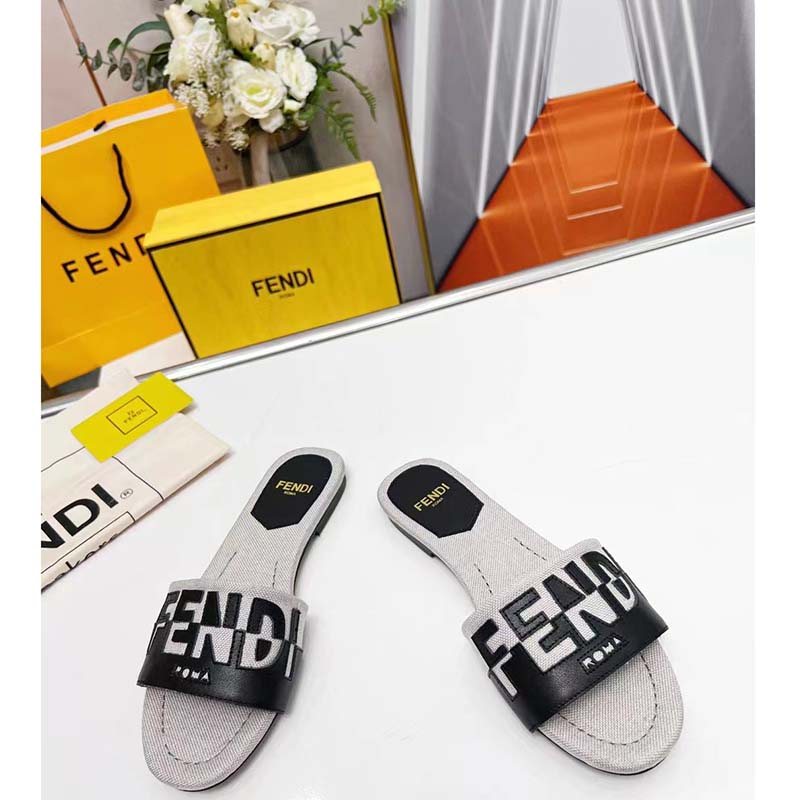 Fendi Women FF Signature Canvas Black Leather Slides 1 Cm Heel