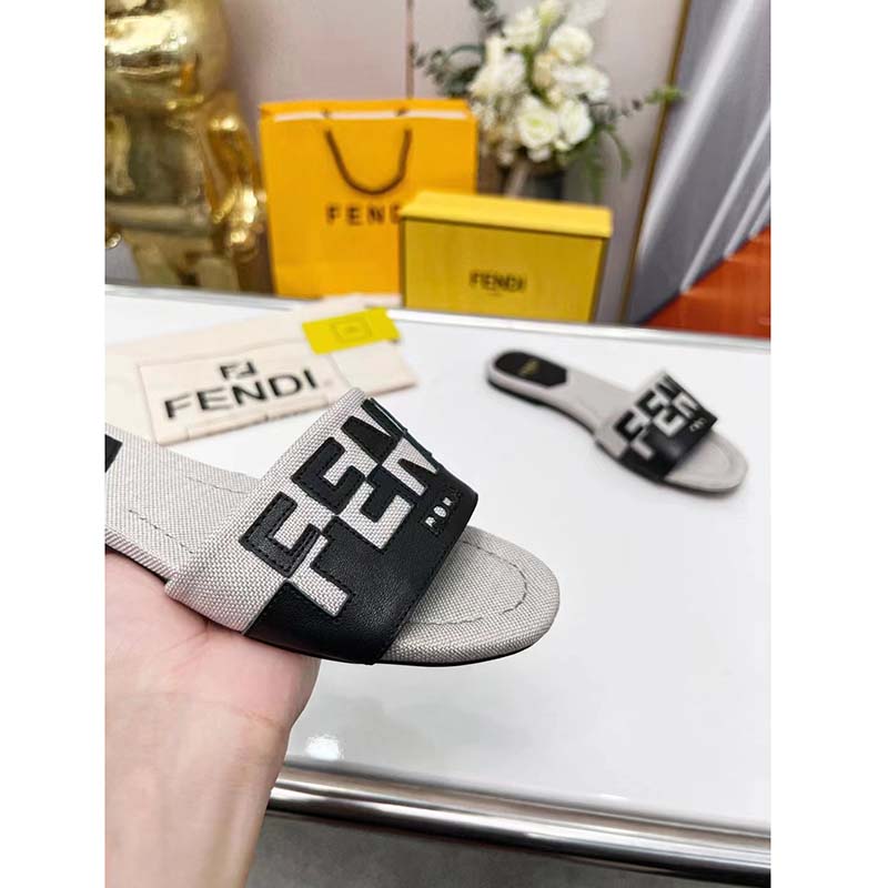 Fendi Women FF Signature Canvas Black Leather Slides 1 Cm Heel