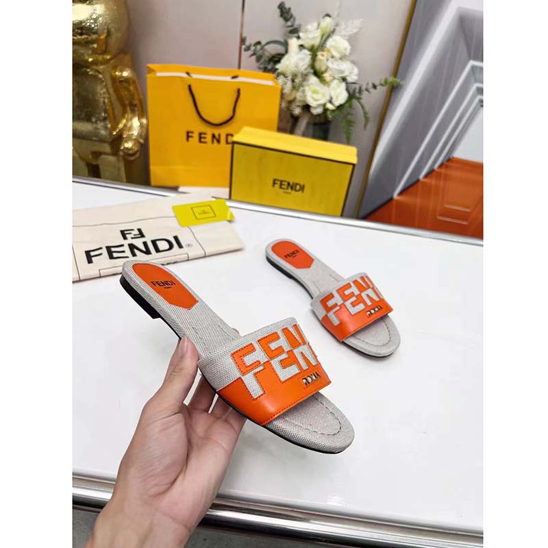 Fendi Women FF Signature Canvas Brown Leather Slides 1 Cm Heel