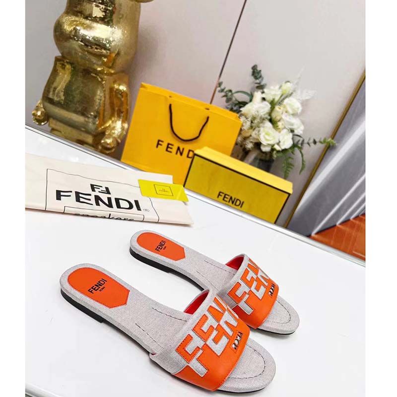 Fendi Women FF Signature Canvas Brown Leather Slides 1 Cm Heel