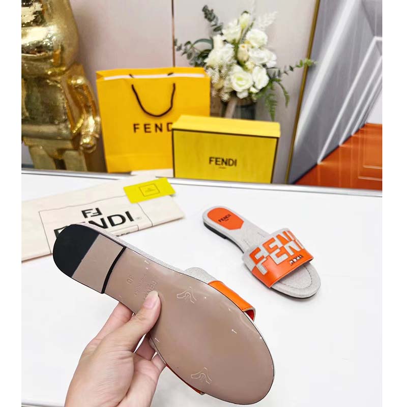 Fendi Women FF Signature Canvas Brown Leather Slides 1 Cm Heel