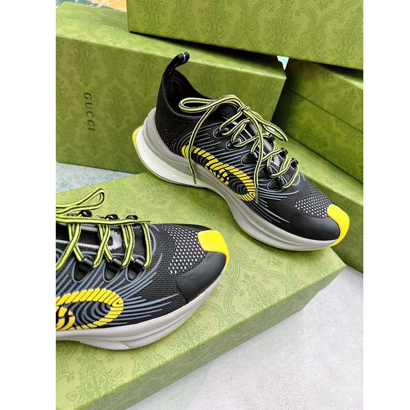 G*u*i unisex gg run sneaker black lime technical knit fabric rubber interlocking g